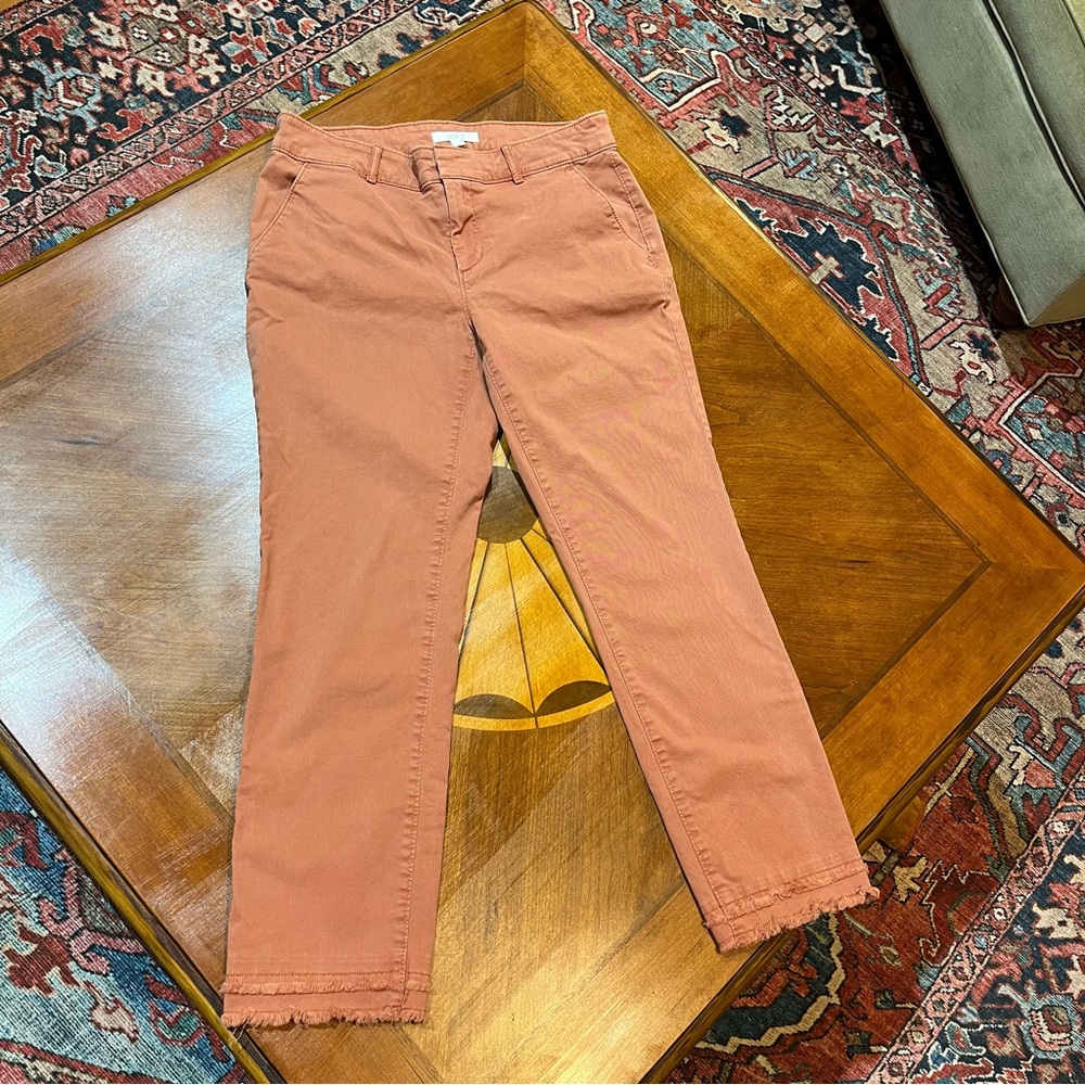 EUC - LOFT Terra Cotta/Burnt Orange cotton pants with layered fringe hem